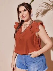 SHEIN Privé Áo sơ mi Plus Size Tương phản ren Xù màu trơn Boho - Màu Cam cháy - Xem 5