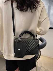 Chevron Detail Ruched Top Handle Flap Square Bag With Coin Purse - Black - View 2