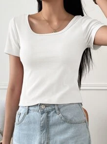 DAZY Rib-knit Scoop Neck Tee - White - View 3