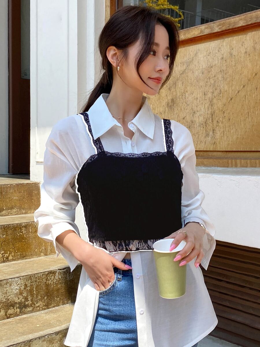 DAZY Top de tirantes con encaje en contraste sin camisa - Negro - Ver 1