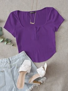 Muchica 羅紋鈕扣弧形短款上衣 - 紫色 - 查看 1