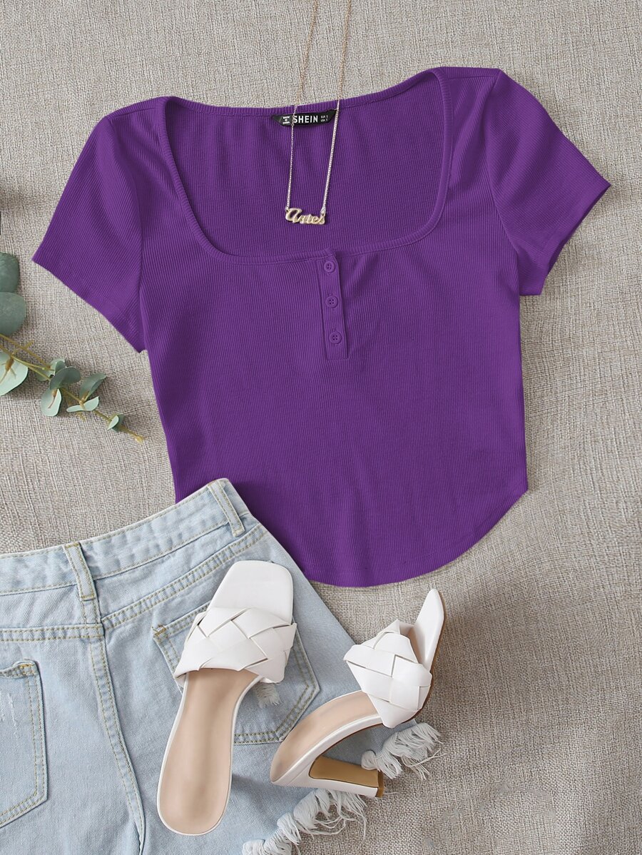 Muchica 羅紋鈕扣弧形短款上衣 - 紫色 - 查看 1