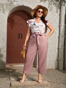 SHEIN LUNE 大碼印花蝴蝶袖上衣和腰帶長褲 - 彩色 - 查看 1