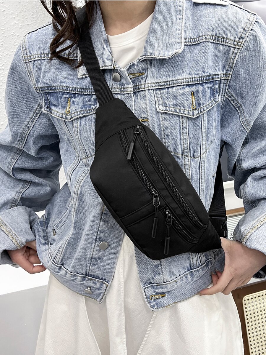 Minimalist Zip Front Waist Bag - Black - View 1