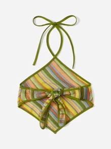 SHEIN MOD 繞頸條紋圖案後背繫帶短款上衣 - 彩色 - 查看 2