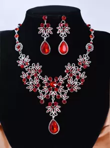 3 piezas Collar con diseño de diamante de imitación con pendientes - Rojo - Ver 1