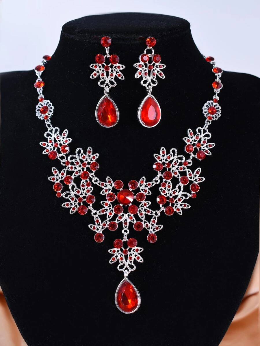 3 piezas Collar con diseño de diamante de imitación con pendientes - Rojo - Ver 1