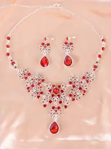 3 piezas Collar con diseño de diamante de imitación con pendientes - Rojo - Ver 2