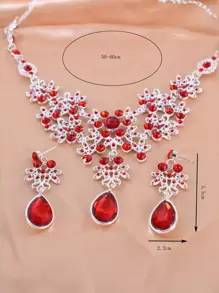 3 piezas Collar con diseño de diamante de imitación con pendientes - Rojo - Ver 4