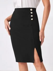 EMERY ROSE 高腰紐扣細節開衩半身裙