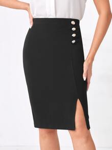 EMERY ROSE 高腰紐扣細節開衩半身裙