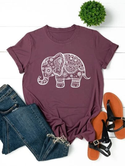 SHEIN LUNE Plus Floral & Elephant Print Tee Women Graphic Tee Top For Summer