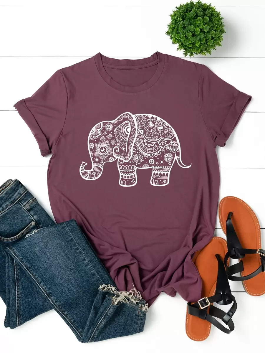 SHEIN LUNE Plus Floral & Elephant Print Tee Women Graphic Tee Top For Summer