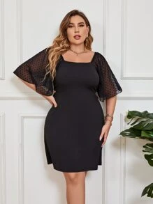 Đầm Plus Size Tương phản Mesh Gân đan màu trơn Thanh lịch - màu đen - Xem 1