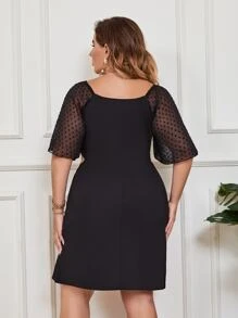 Đầm Plus Size Tương phản Mesh Gân đan màu trơn Thanh lịch - màu đen - Xem 2