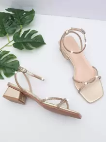 Sandalias de tacón grueso con correa en el tobillo con decoración de diamantes de imitación, sandalias de tacón alto doradas con correa en el tobillo con detalle de diamantes de imitación, color sólido, zapatos de mujer