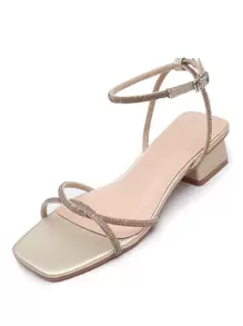 Sandalias de tacón grueso con correa en el tobillo con decoración de diamantes de imitación, sandalias de tacón alto doradas con correa en el tobillo con detalle de diamantes de imitación, color sólido, zapatos de mujer