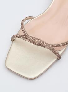 Sandalias de tacón grueso con correa en el tobillo con decoración de diamantes de imitación, sandalias de tacón alto doradas con correa en el tobillo con detalle de diamantes de imitación, color sólido, zapatos de mujer