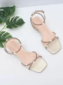 Sandalias de tacón grueso con correa en el tobillo con decoración de diamantes de imitación, sandalias de tacón alto doradas con correa en el tobillo con detalle de diamantes de imitación, color sólido, zapatos de mujer
