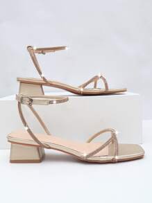 Sandalias de tacón grueso con correa en el tobillo con decoración de diamantes de imitación, sandalias de tacón alto doradas con correa en el tobillo con detalle de diamantes de imitación, color sólido, zapatos de mujer