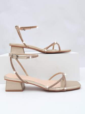 Rhinestone Decor Chunky Heeled Ankle Strap Sandals, Ankle Strap Gold High Heel Sandals With Rhinestone Detail, Solid Color, Women's Shoes