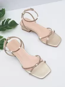 Sandalias de tacón grueso con correa en el tobillo con decoración de diamantes de imitación, sandalias de tacón alto doradas con correa en el tobillo con detalle de diamantes de imitación, color sólido, zapatos de mujer