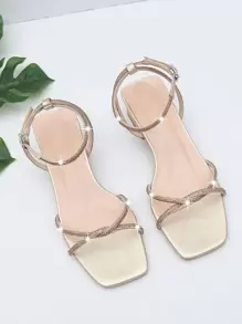 Sandalias de tacón grueso con correa en el tobillo con decoración de diamantes de imitación, sandalias de tacón alto doradas con correa en el tobillo con detalle de diamantes de imitación, color sólido, zapatos de mujer