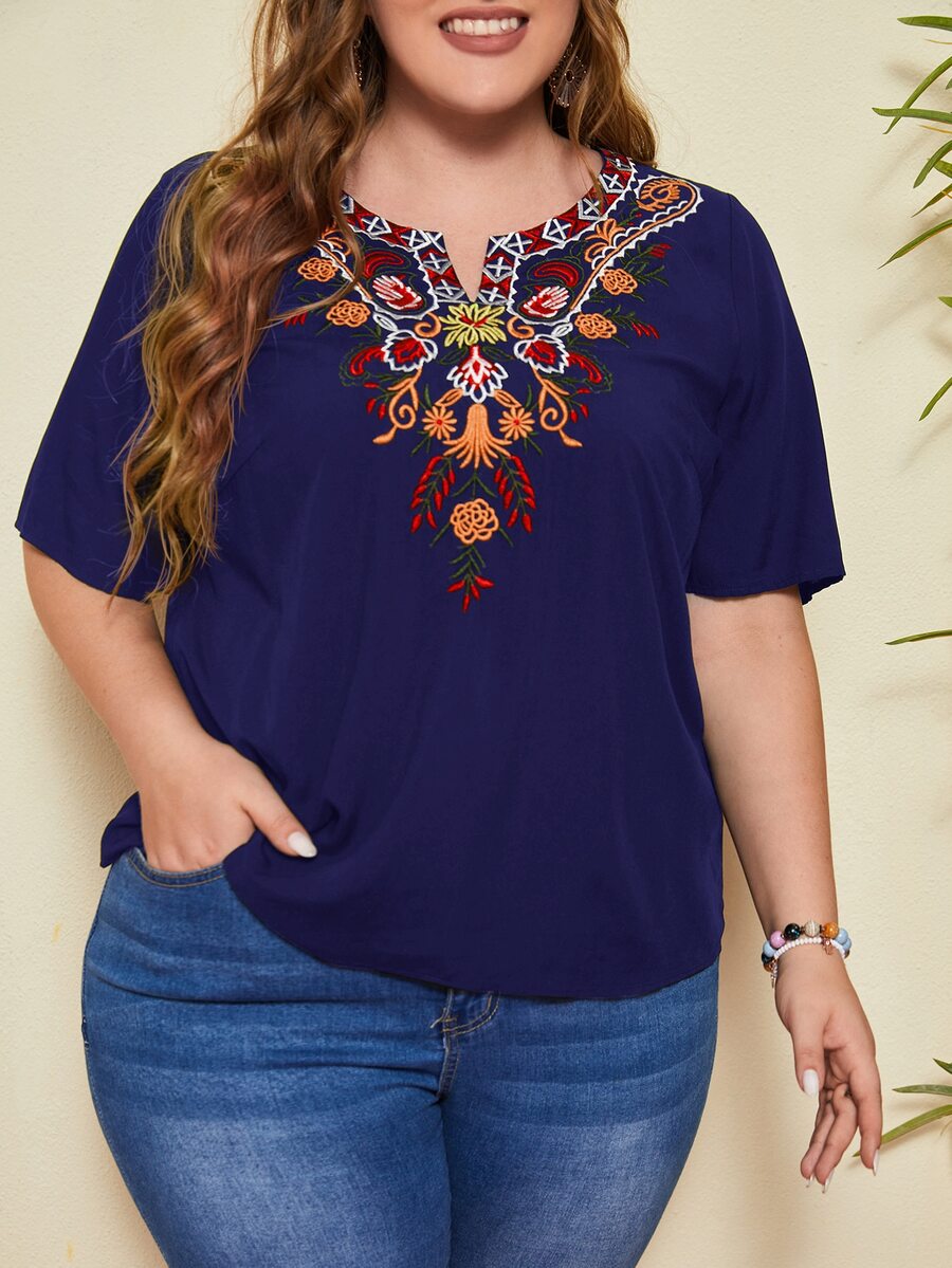 EMERY ROSE Áo sơ mi Plus Size Nghề thêu Hoa Boho - Màu xanh hải quân - Xem 1