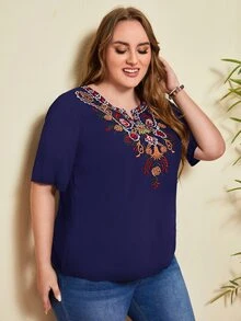 EMERY ROSE Áo sơ mi Plus Size Nghề thêu Hoa Boho - Màu xanh hải quân - Xem 3