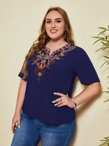 EMERY ROSE Áo sơ mi Plus Size Nghề thêu Hoa Boho - Màu xanh hải quân - Xem 4