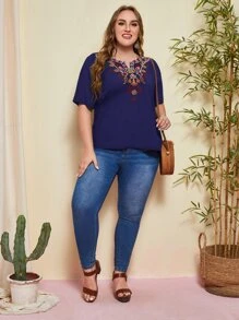 EMERY ROSE Áo sơ mi Plus Size Nghề thêu Hoa Boho - Màu xanh hải quân - Xem 5