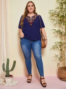 EMERY ROSE Áo sơ mi Plus Size Nghề thêu Hoa Boho - Màu xanh hải quân - Xem 6