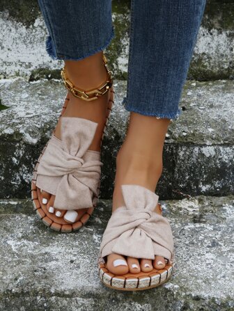 女士蝴蝶結裝飾單帶編織度假素色戶外織物平底涼鞋