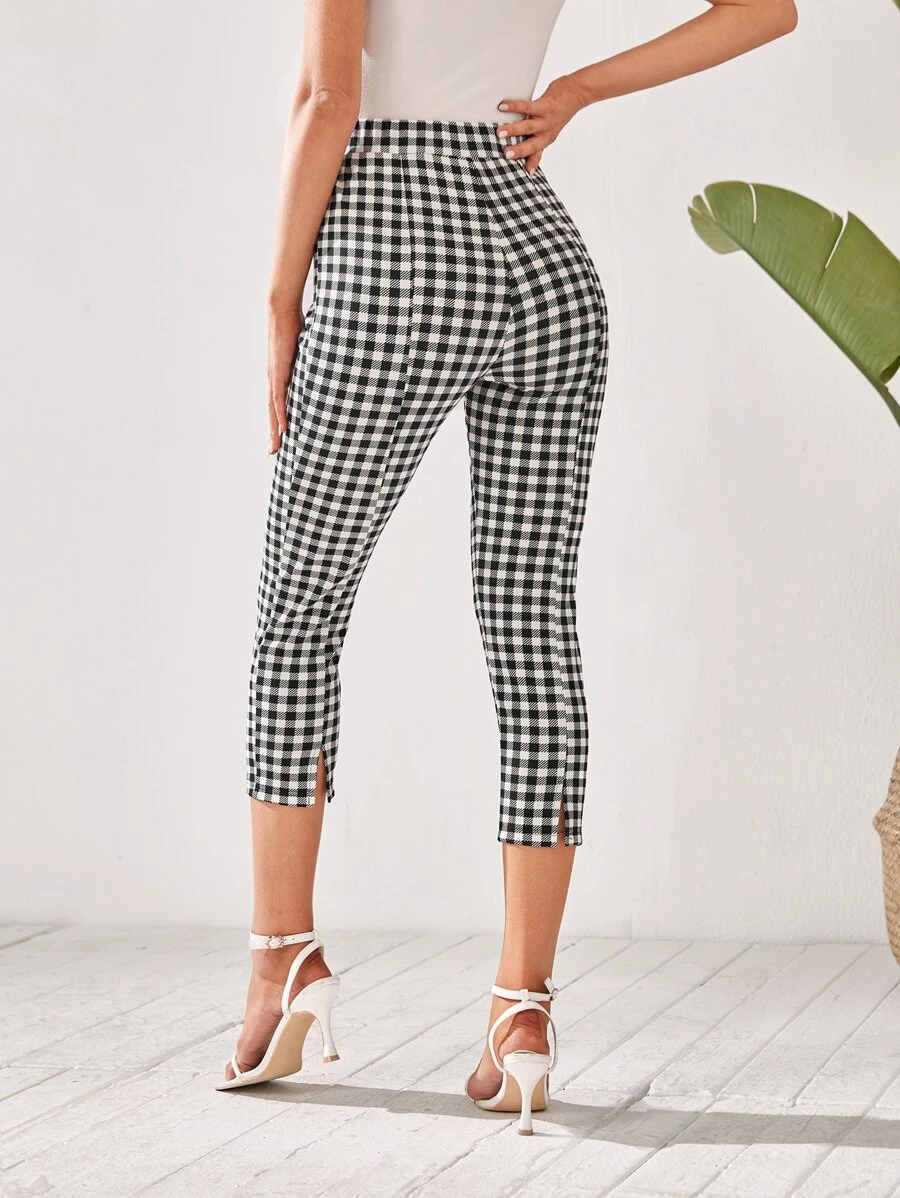 EMERY ROSE High Waist Gingham Capri Skinny Trousers - Black and White - View 1