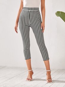 EMERY ROSE High Waist Gingham Capri Skinny Trousers - Black and White - View 3