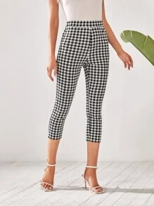 EMERY ROSE High Waist Gingham Capri Skinny Trousers - Black and White - View 4