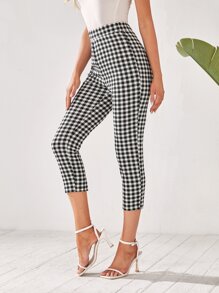 EMERY ROSE High Waist Gingham Capri Skinny Trousers - Black and White - View 2
