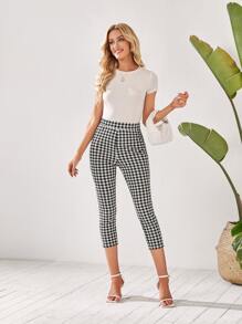 EMERY ROSE High Waist Gingham Capri Skinny Trousers - Black and White - View 5