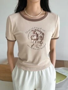 DAZY Cupid & Slogan Graphic Contrast Binding Tee - Beige - View 1