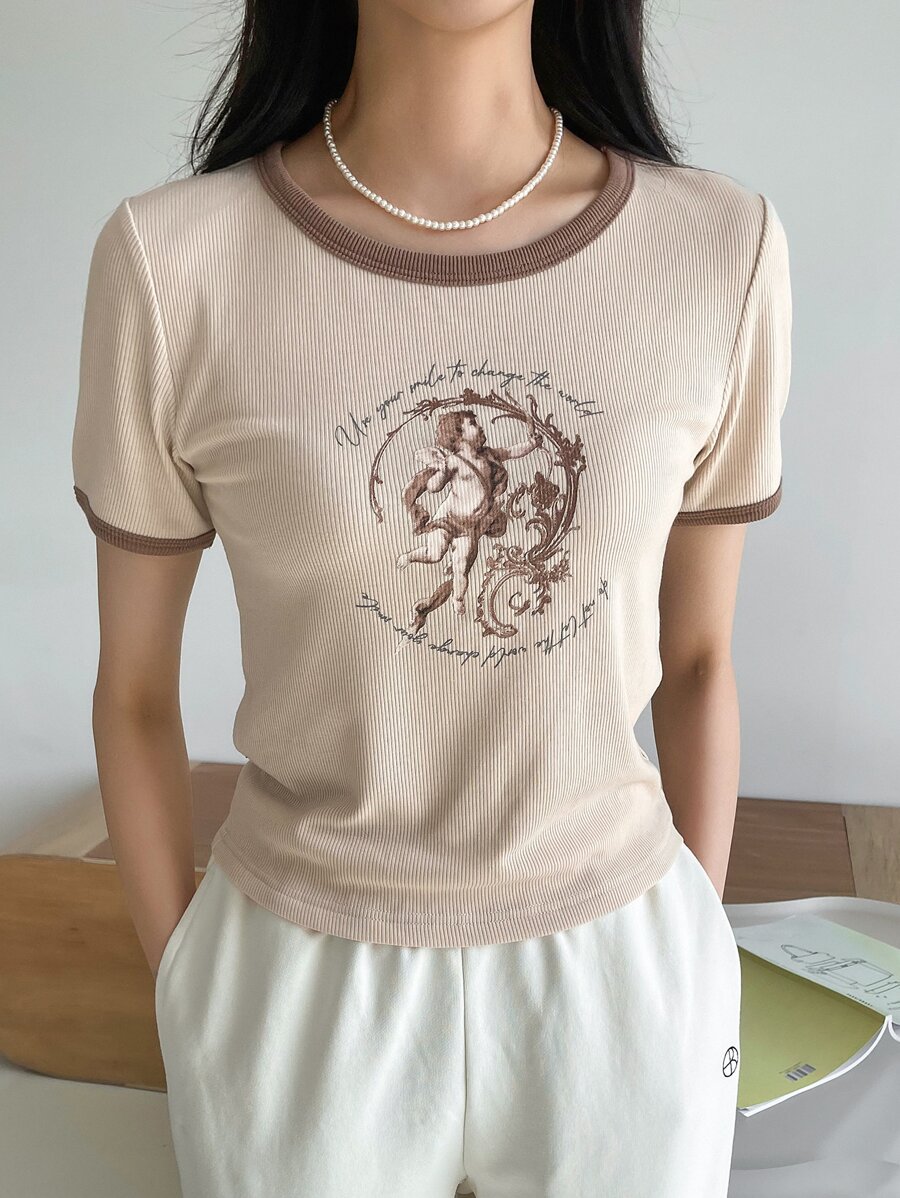 DAZY Cupid & Slogan Graphic Contrast Binding Tee - Beige - View 1