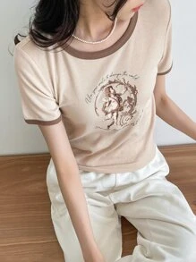 DAZY Cupid & Slogan Graphic Contrast Binding Tee - Beige - View 3