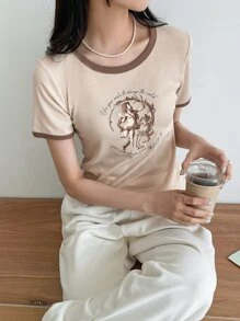DAZY Cupid & Slogan Graphic Contrast Binding Tee - Beige - View 4