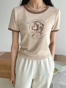 DAZY Cupid & Slogan Graphic Contrast Binding Tee - Beige - View 5