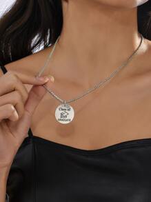 Graduation Hat & Letter Detail Round Charm Necklace - Antique Silver - View 1