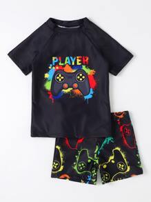Young Boy Random Gamepad & Letter Graphic Swimsuit - Black - View 1
