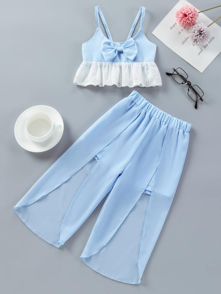 Young Girl Bow Front Eyelet Embroidery Cami Top & Tulip Hem Pants