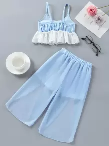 SHEIN 小女童前蝴蝶結網眼刺繡吊帶上衣和鬱金香下擺長褲 - 淺藍色 - 查看 2