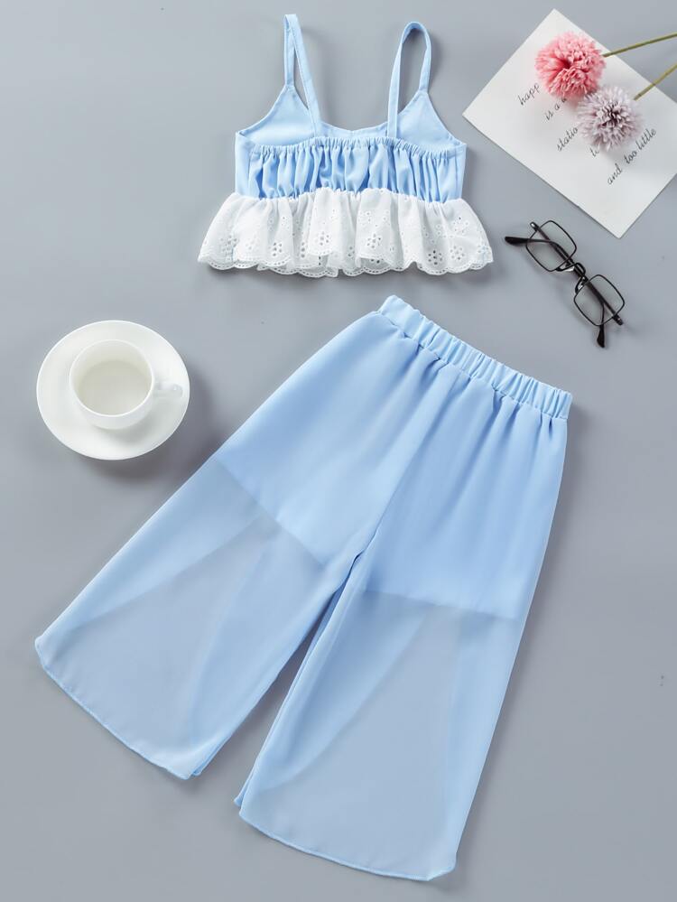 Young Girl Bow Front Eyelet Embroidery Cami Top & Tulip Hem Pants