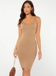 SHEIN BASICS Chất rắn Xe tăng Quần bó Giải trí Bữa tối Ngày đêm Đầm - Màu be - Xem 1