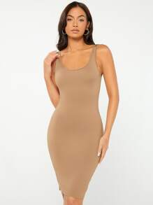 SHEIN BASICS Chất rắn Xe tăng Quần bó Giải trí Bữa tối Ngày đêm Đầm - Màu be - Xem 3